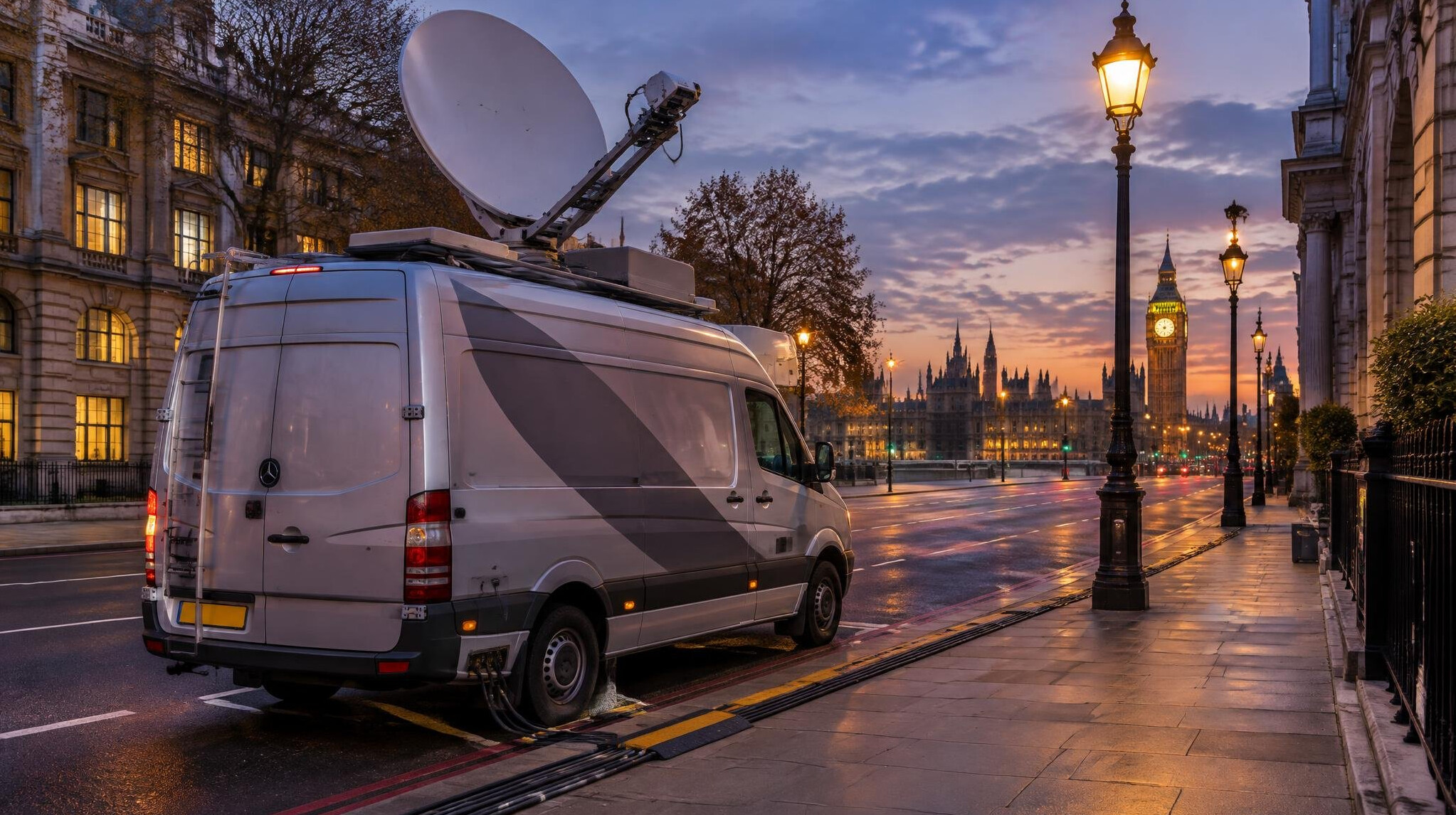 Outside broadcast truck with a satellite dish on a city street at dusk