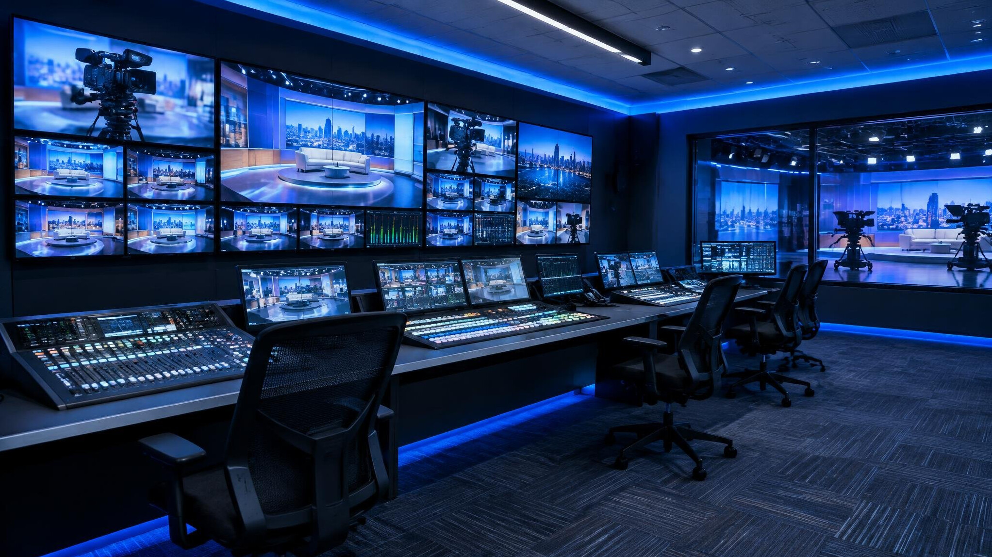 Television production gallery with a wall of video monitors