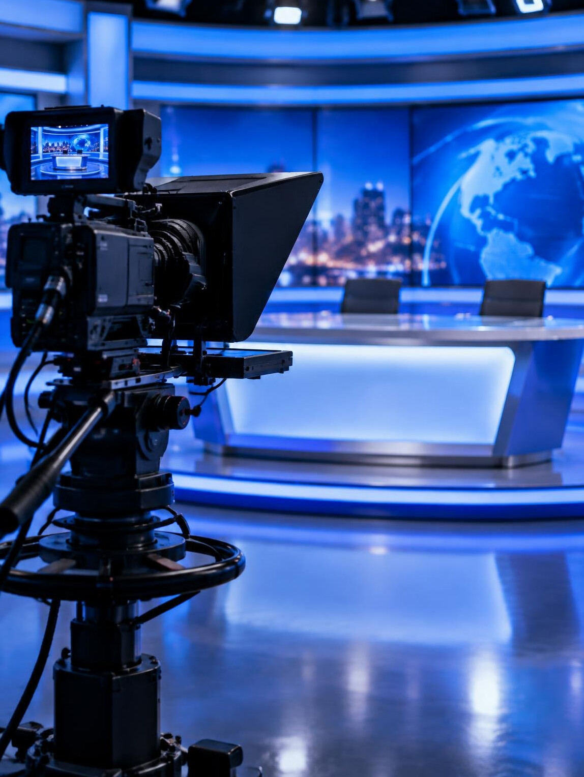 Professional broadcast camera on a pedestal facing a news desk in a television studio