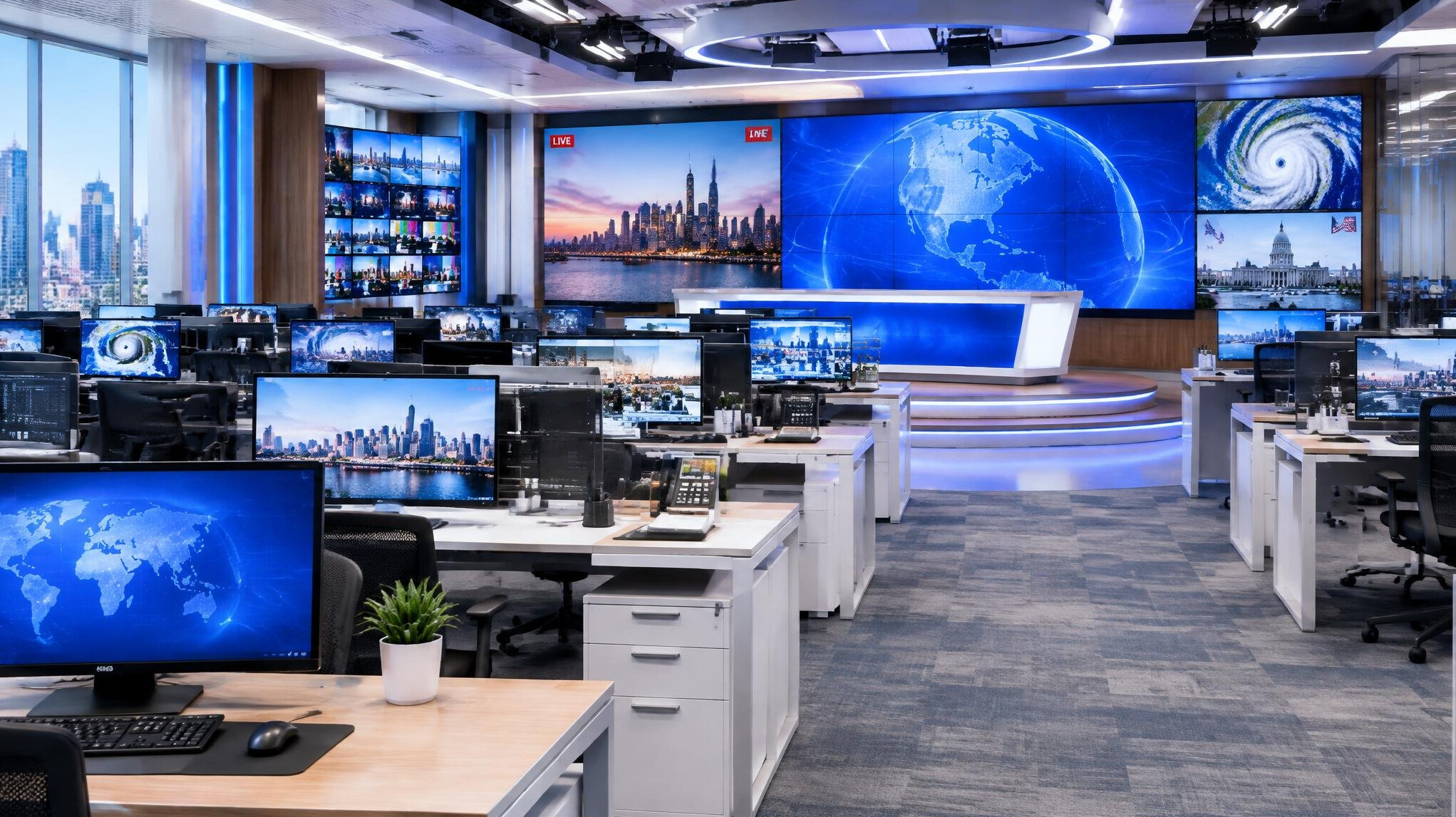 Empty modern newsroom with rows of desks and large wall screens