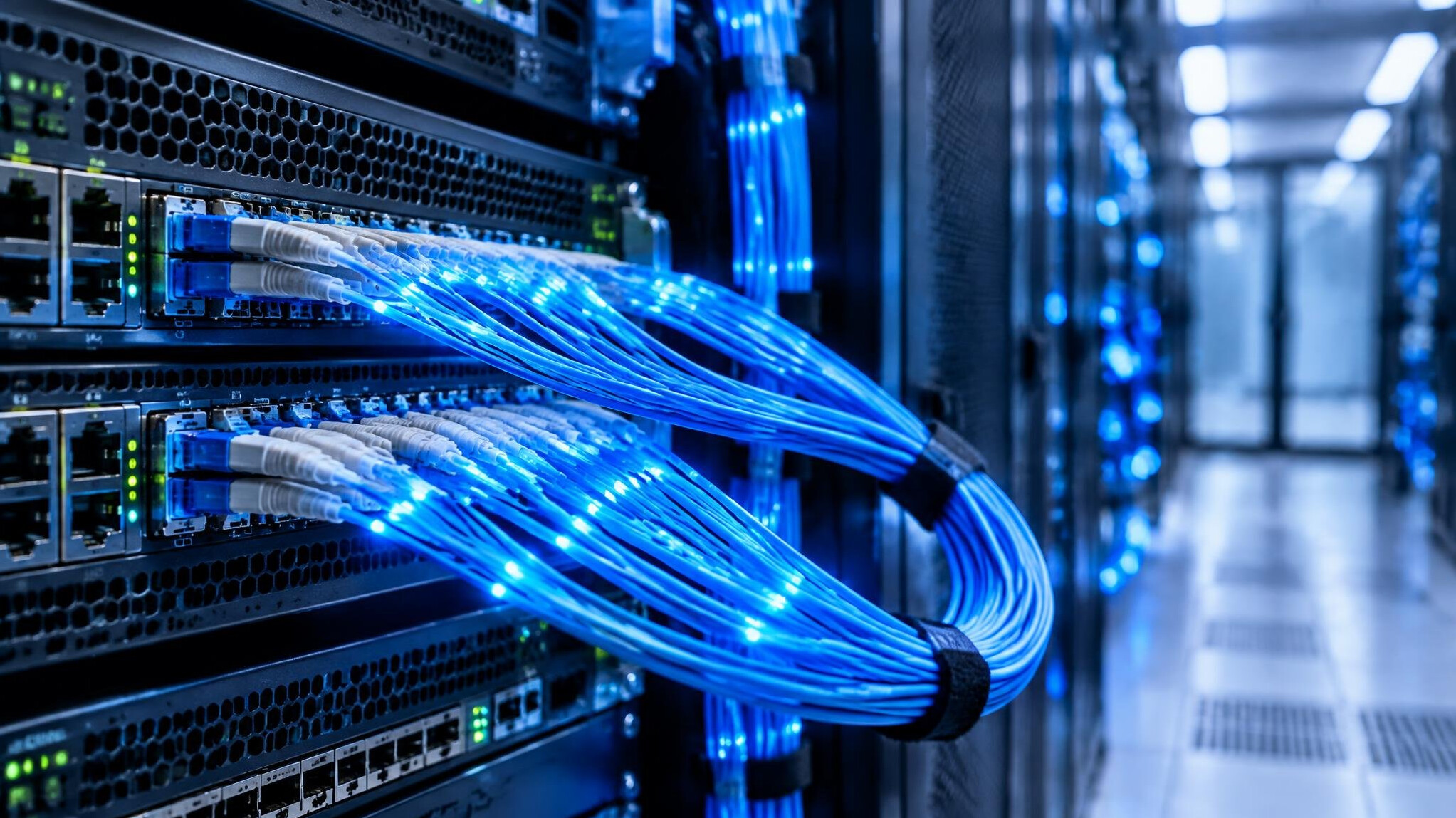 Fibre optic cables with glowing light in a data centre