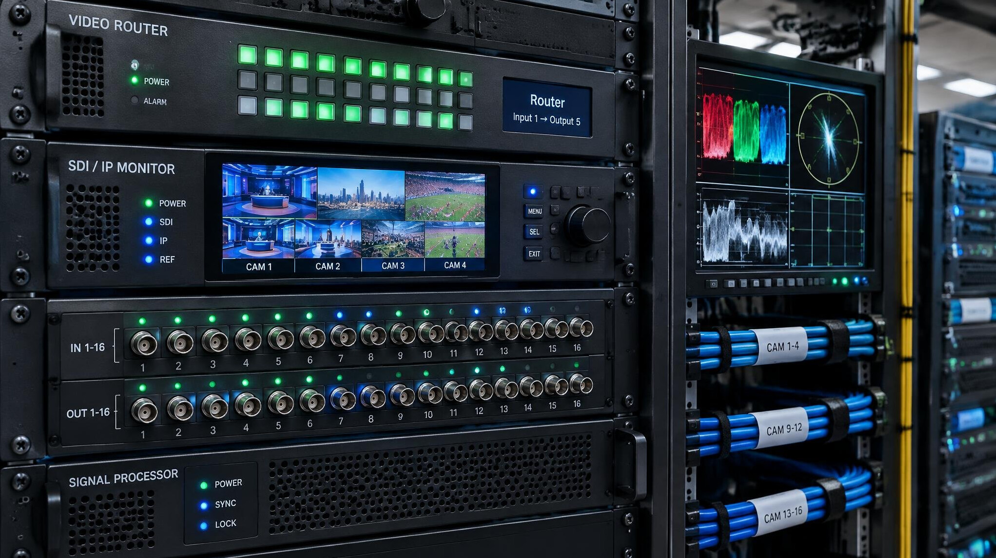 Rack-mounted broadcast video routers with glowing status lights