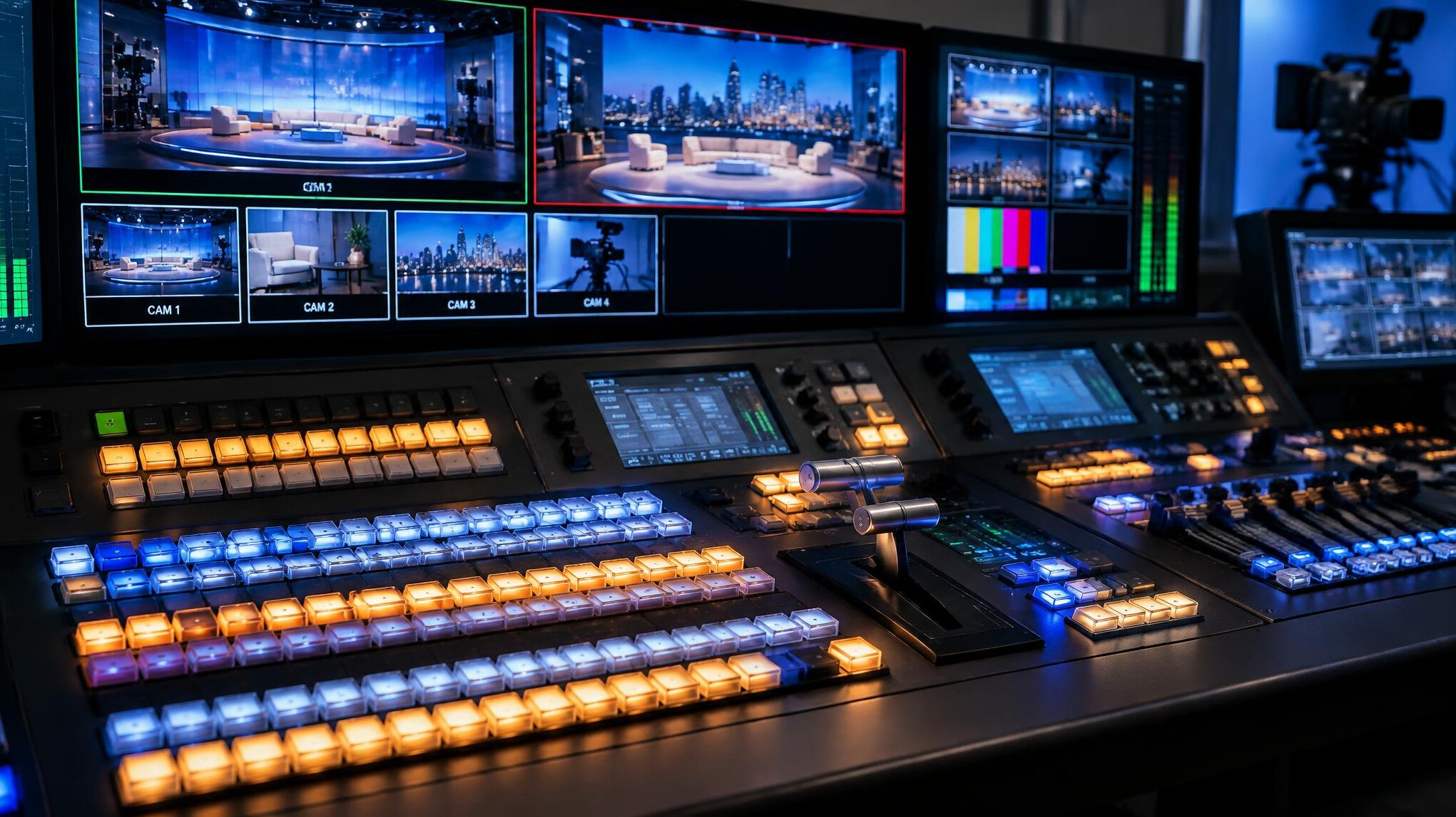 Vision mixer switcher desk with illuminated buttons and multiview monitors